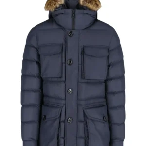 Moncler winter down jacket coat for warmth.