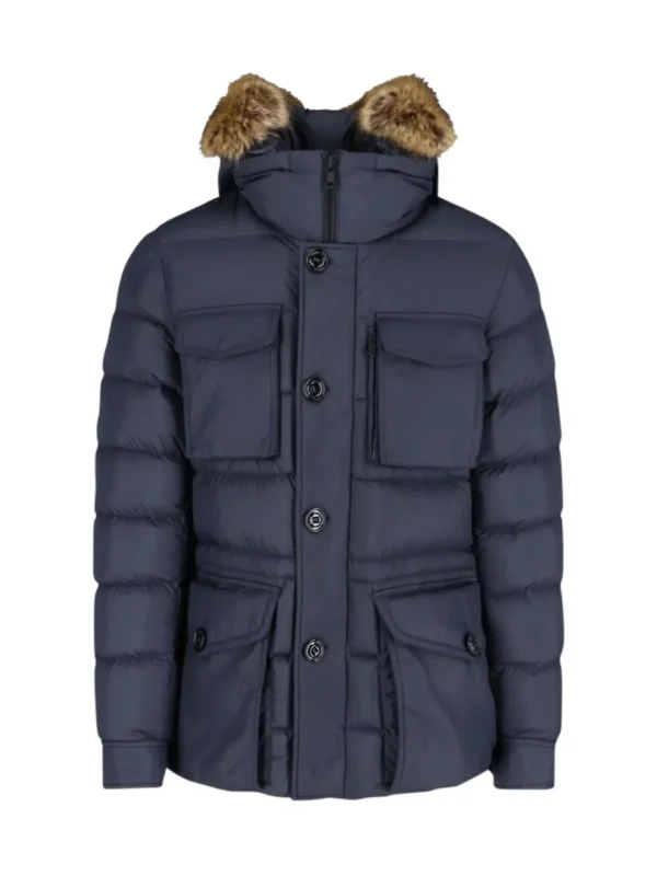 Moncler winter down jacket coat for warmth.